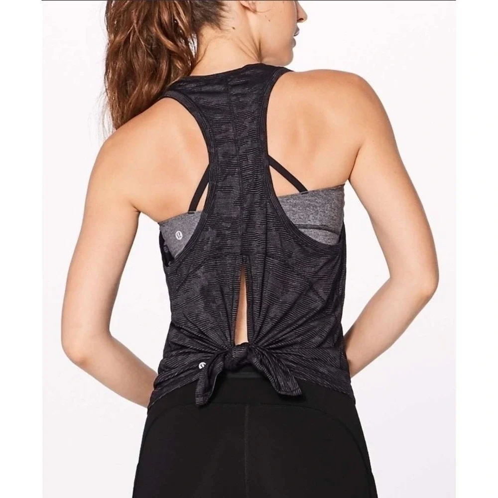 Lululemon 6 Miles Ahead Tank Black Camo Sheer Open Back Activewear W1ANGS